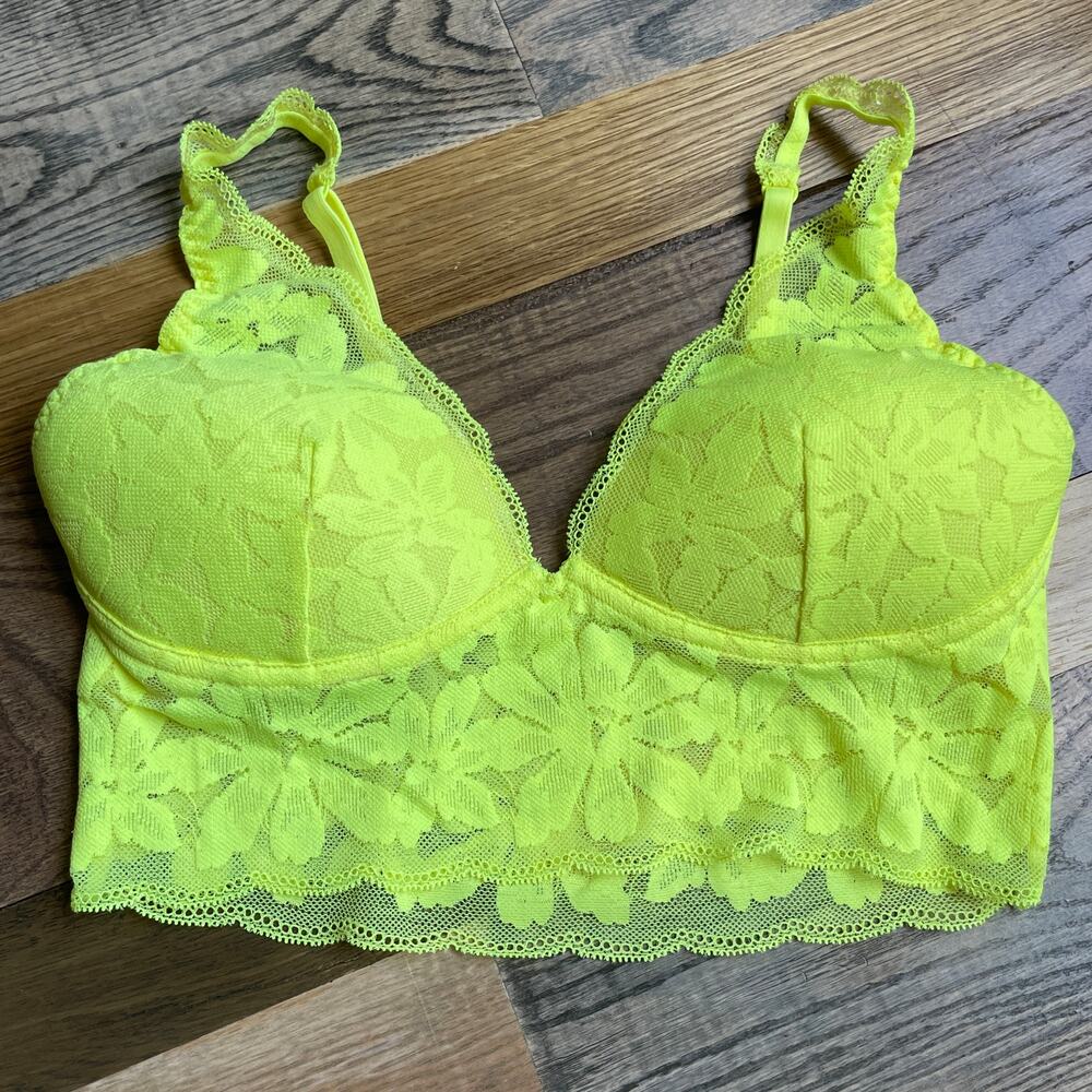 PINK Victoria’s Secret Neon Yellow Small Lace Longline Push Up Bra Bralette